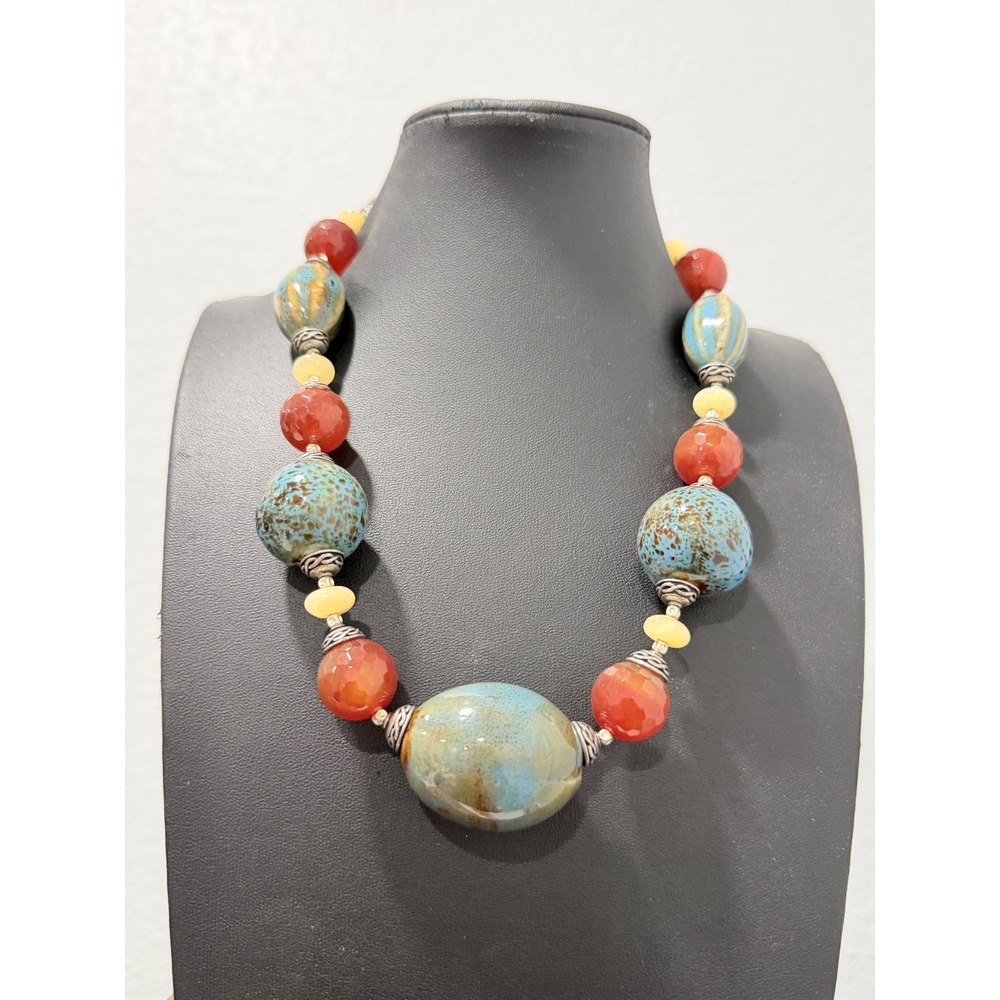 Chunky Ceramic Glass Stone Beaded Necklace Blue Brown Orange SilverTone Toggle
